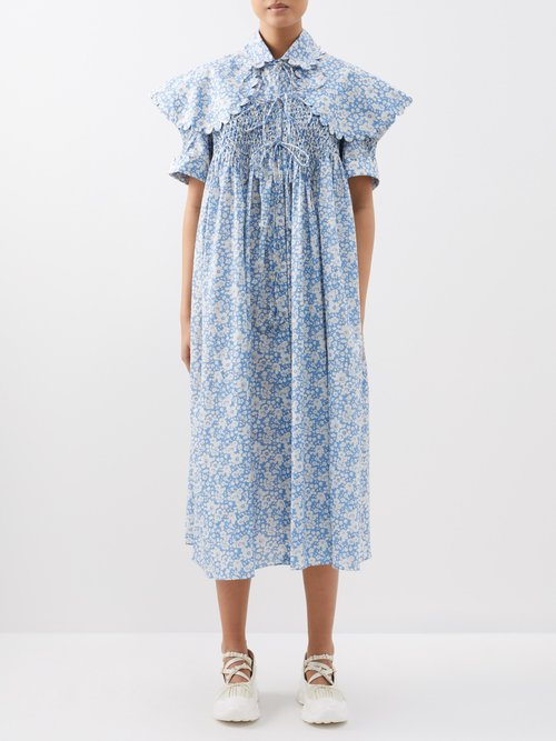 Horror Vacui Grace Floral-print Smocked Cotton-poplin Dress In Blue
