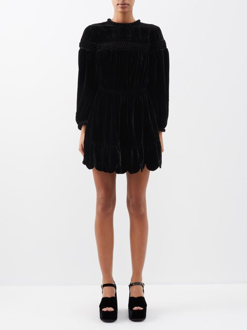 Horror Vacui Alberte Scalloped-edge Velvet Mini Dress In Black
