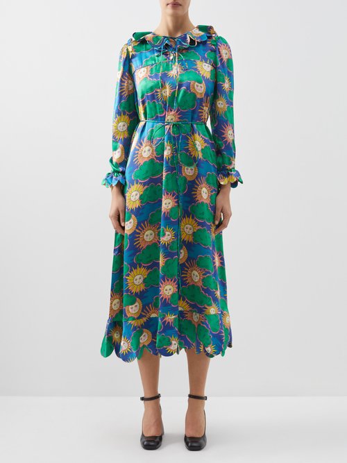 Horror Vacui Cleo Scalloped-collar Sun-print Silk Dress