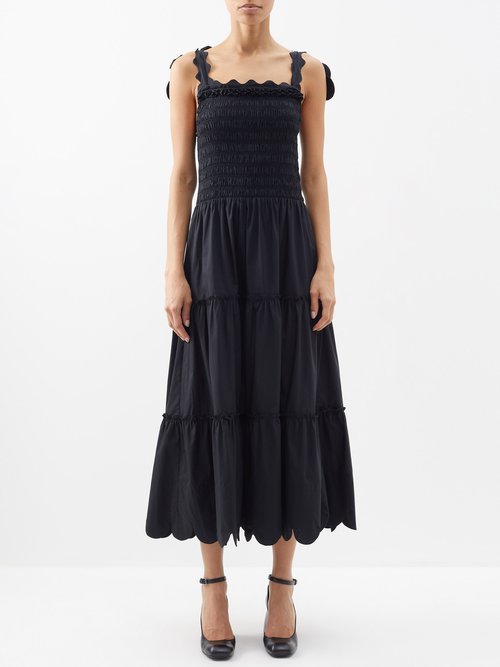 Horror Vacui Isa Tie-shoulder Smocked-cotton Midi Dress In Black