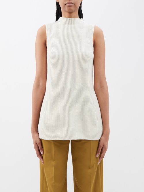 Another Tomorrow Ribbed Recycled Cashmere And Wool-blend Top In Off White