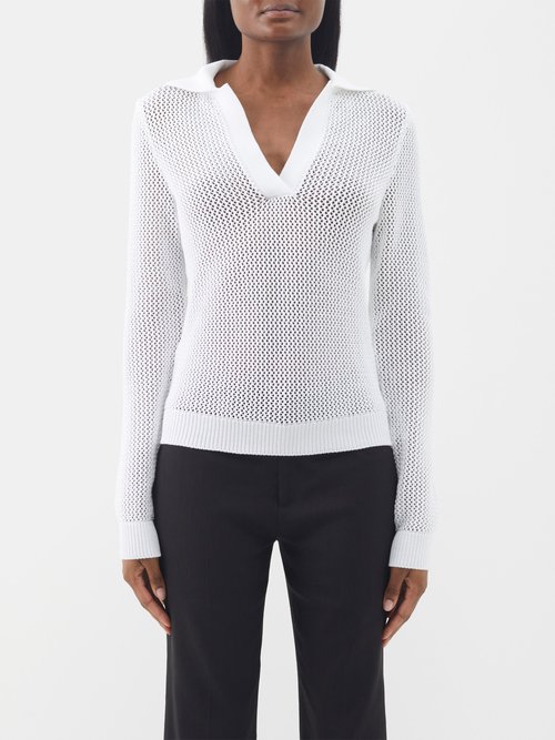 another tomorrow - crochet-knitted organic-cotton polo sweater womens white