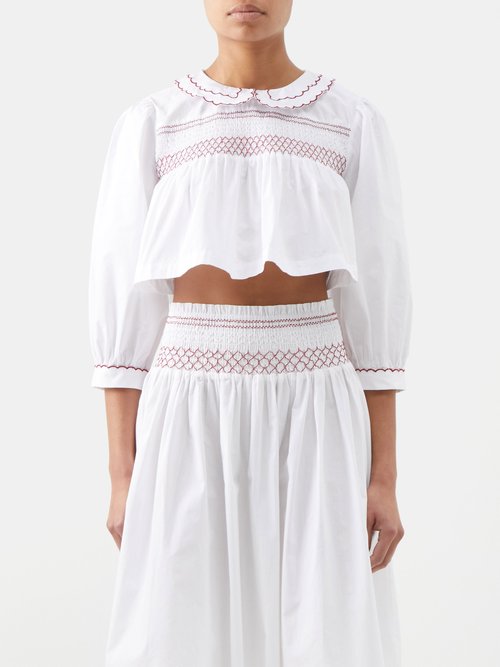 Batsheva Cropped Smocked Embroidered Cotton-poplin Blouse In White Red