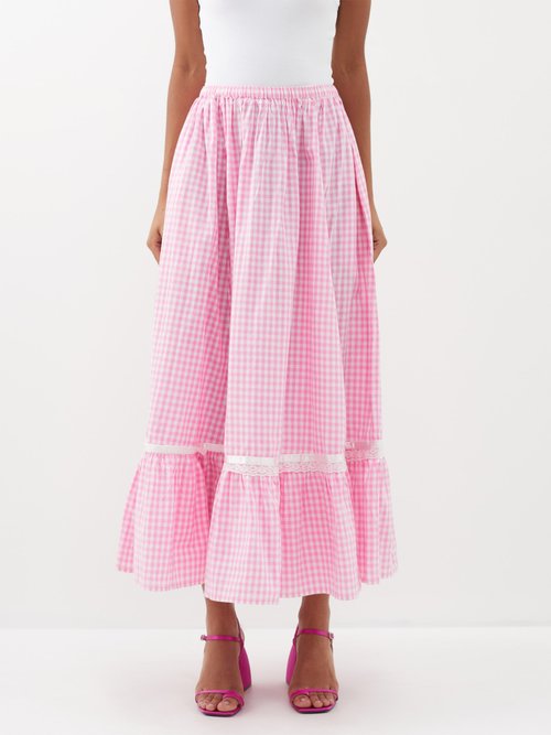 Batsheva Hilma Cotton-gingham Midi Skirt In Pink White