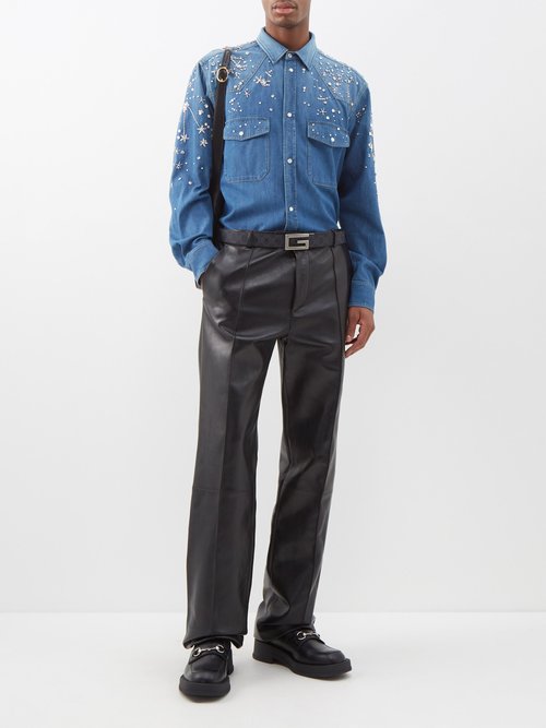 Constellation embroidered denim shirt in blue