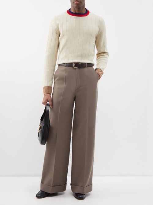 Gucci - Striped-trim Rib-knitted Wool Sweater - Mens - Ivory Multi