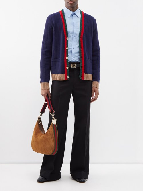 Gucci - Web Stripe-trim Ribbed Wool Cardigan - Mens - Blue Red