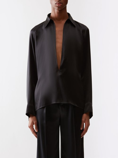 Saint Laurent - Plunge V-neck Silk-satin Shirt - Mens - Black