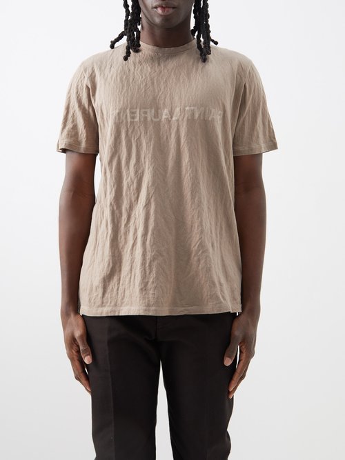 Saint Laurent - Reverse-logo Crinkled Cotton-blend Jersey T-shirt - Mens - Taupe Multi