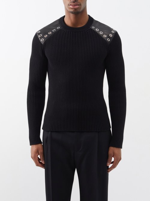Alexander Mcqueen - Eyelet Leather-trim Cotton-blend Sweater - Mens - Black