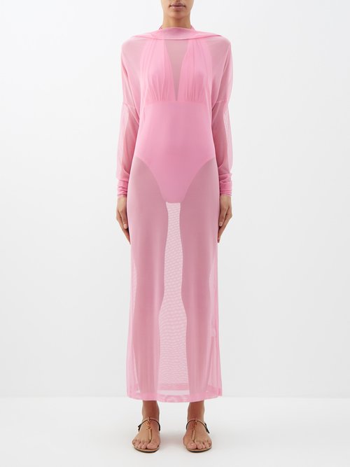 Norma Kamali - High-neck Mesh Maxi Dress - Womens - Light Pink