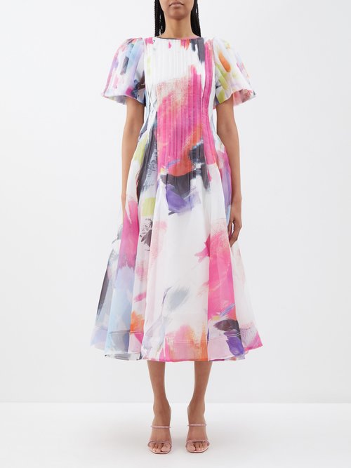 Aje Nova Pleated Organza Printed Midi Dress In Fuchsia