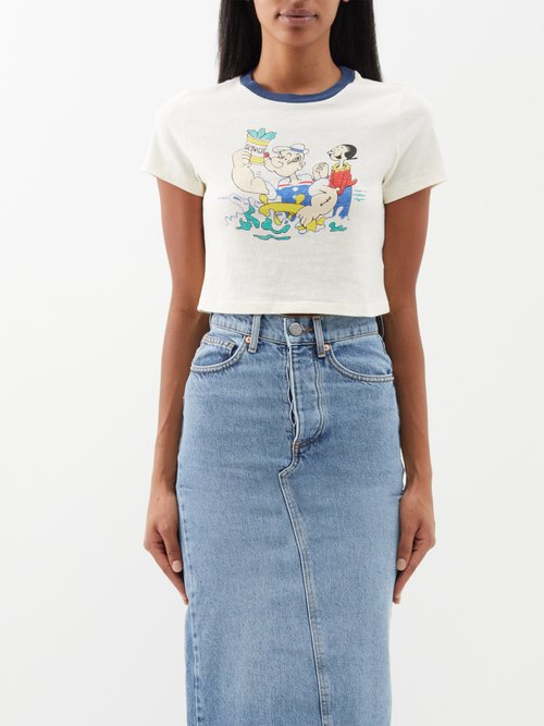 Re/done Popeye Cotton-jersey Cropped T-shirt In Ivory Multi
