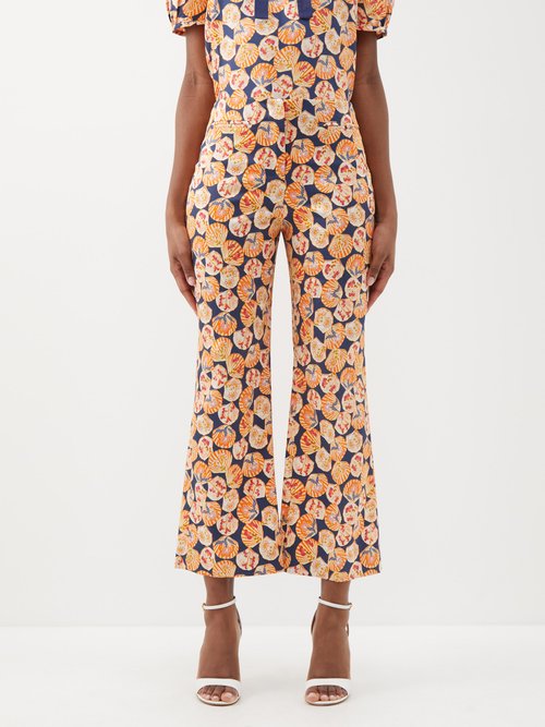 Saloni - Capri Shell-print Silk-blend Cropped Trousers - Womens - Multi