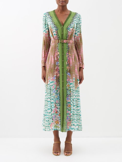 Saloni - Lea Abstract-print Belted Silk Midi Dress - Womens - Green Multi