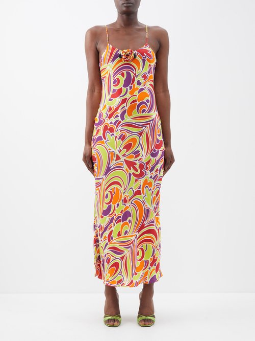 Rodarte - Rose-brooch Abstract-print Crepe Slip Dress - Womens - Multi