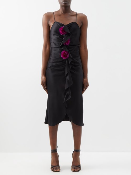 Rodarte - Rose-appliqué Silk-satin Midi Dress - Womens - Black