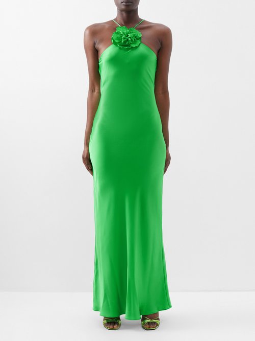 Rodarte - Halterneck Floral-appliqué Silk-satin Dress - Womens - Green