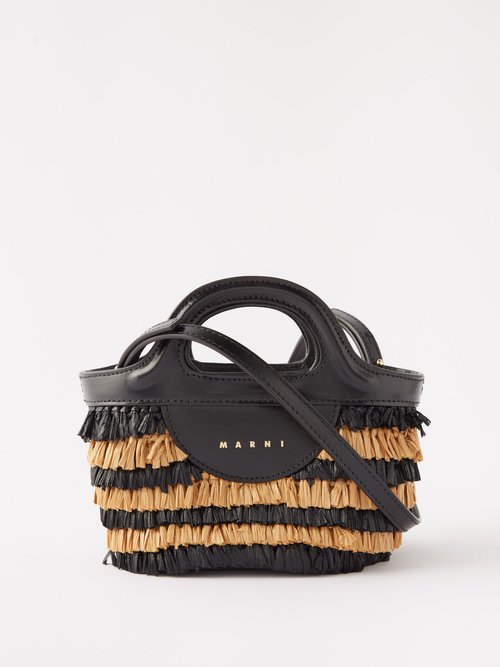 Tropicalia micro leather-trimmed fringed faux raffia tote