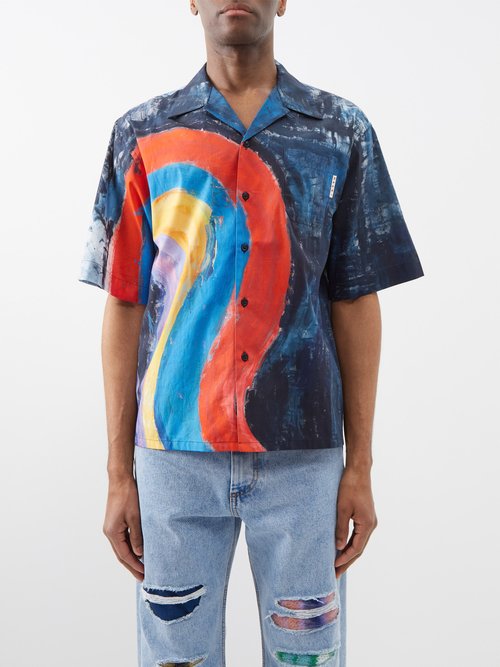 Marni - Rainbow-print Cotton Bowling Shirt - Mens - Blue Multi