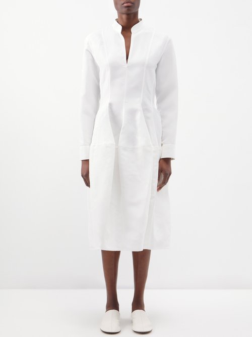 Bottega Veneta - Collarless Pleated Slubbed-twill Midi Dress - Womens - White