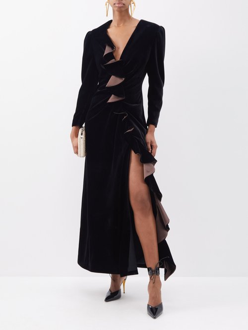 Gucci - Ruffle-trim Velvet Maxi Dress - Womens - Black