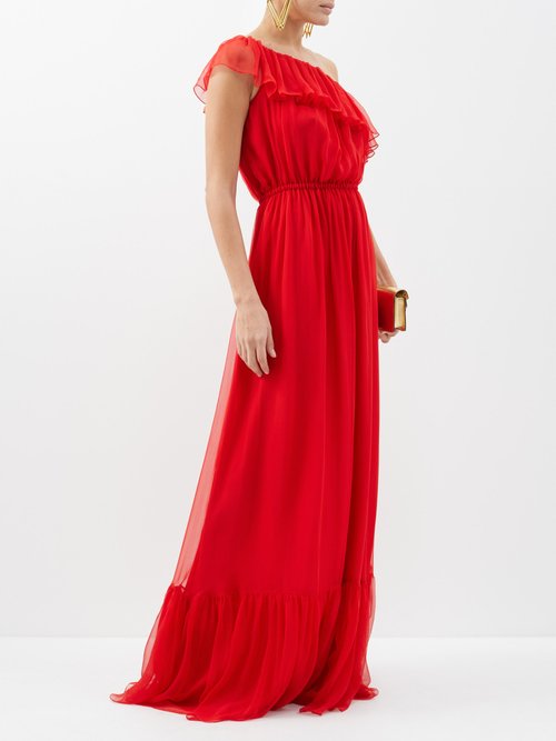 Gucci - One-shoulder Ruffled Silk-chiffon Gown - Womens - Red