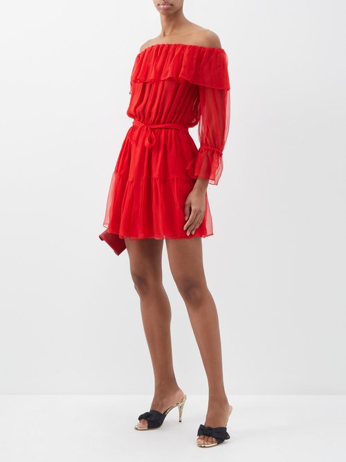 Gucci - Off-the-shoulder Silk-chiffon Mini Dress - Womens - Red