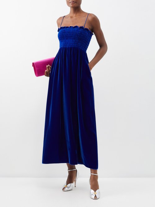 Gucci - Shirred-bodice Velvet Maxi Dress - Womens - Blue