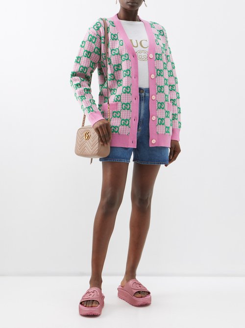 Gucci - GG-intarsia Wool Cardigan - Womens - Pink Green