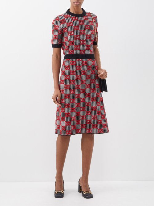 Gucci - GG-jacquard Houndstooth-check Wool Skirt - Womens - Black White Red