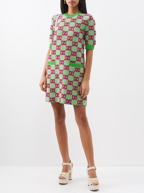 Gucci - GG-bouclé Houndstooth-wool Mini Dress - Womens - Green Multi