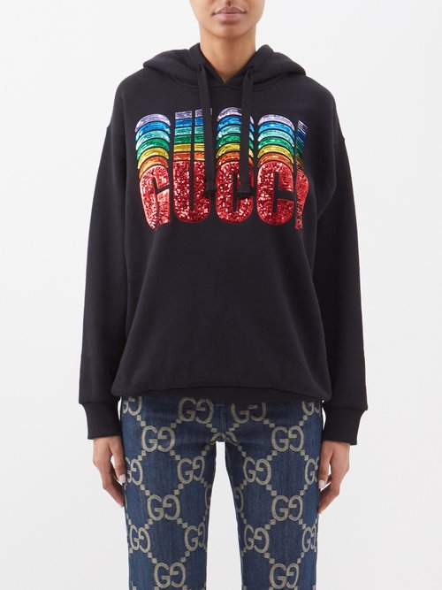 Gucci - Sequin-logo Cotton-jersey Hooded Sweatshirt - Womens - Black Multi