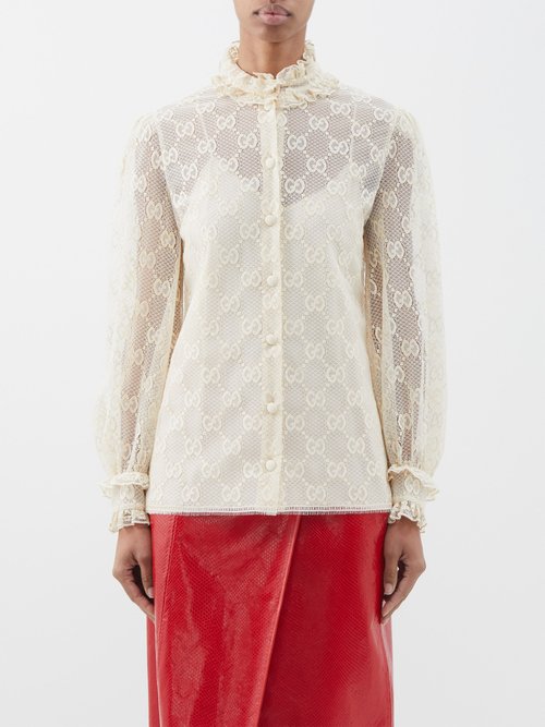 Gucci - GG-embroidered Lace Blouse - Womens - Cream