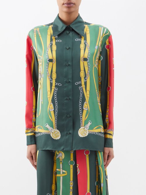 Gucci - GG-button Silk-crepe Shirt - Womens - Green Multi