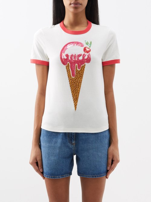 Gucci - Ice Cream Sequinned Cotton T-shirt - Womens - White Pink