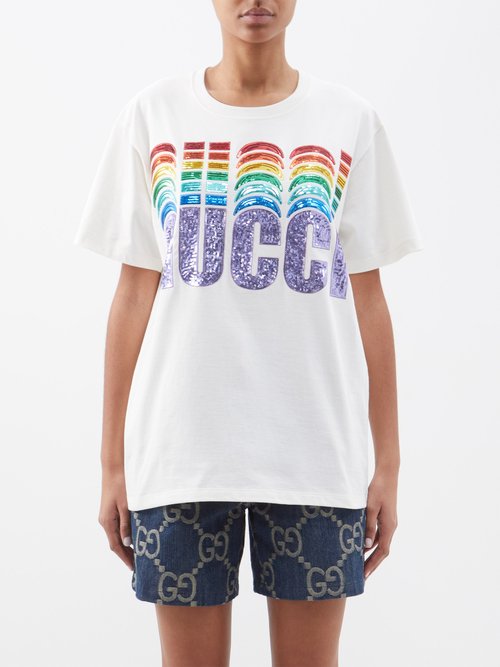 Gucci - Sequinned Cotton-jersey T-shirt - Womens - White Multi