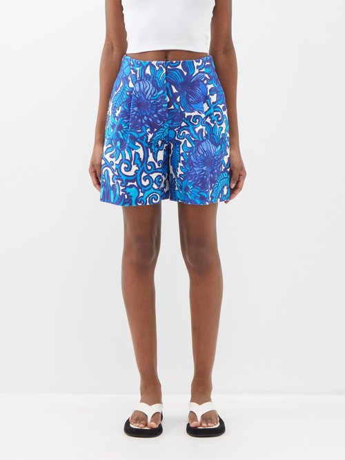 la doublej - pleated floral-print cotton shorts womens blue print