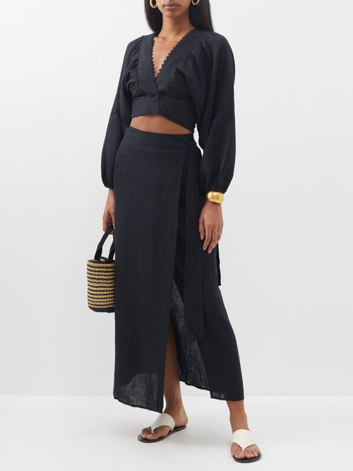 Boteh Split Linen Wrap Maxi Skirt In Black | ModeSens