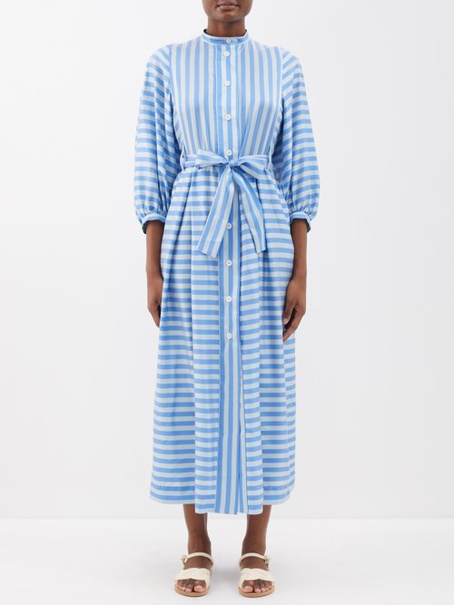 Thierry Colson Yvonne Striped Silk Midi Dress In Blue Stripe