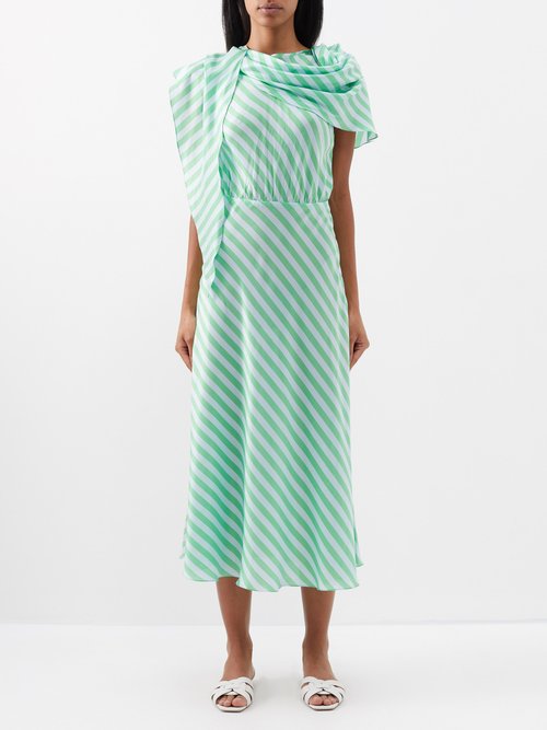Thierry Colson Asymmetric Striped Midi Dress In Green Stripe