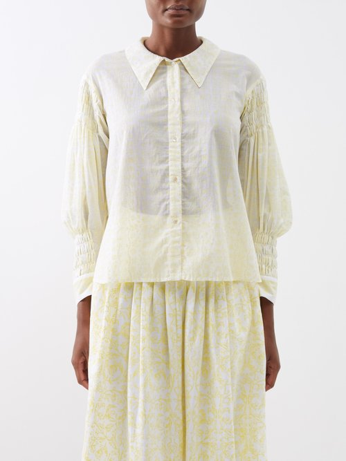 Thierry Colson Puff-sleeve Printed Voile Shirt In White Yellow