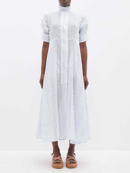 Thierry Colson Venetia Floral-print Cotton Dress In White Blue