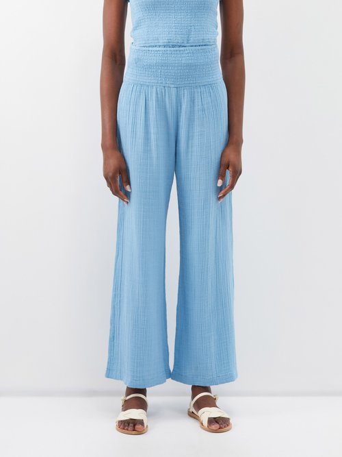 Anaak Maya Shirred Cotton Wide-leg Trousers In Light Blue