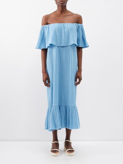 Anaak Freya Off-the-shoulder Cotton Midi Dress In Light Blue