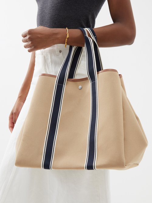 Large Morris leather-trimmed striped canvas tote
