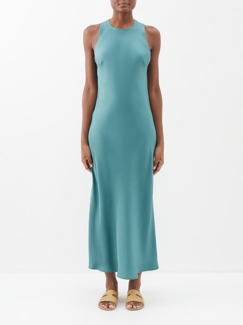 Asceno - Valencia High-neck Silk-satin Maxi Dress - Womens - Blue