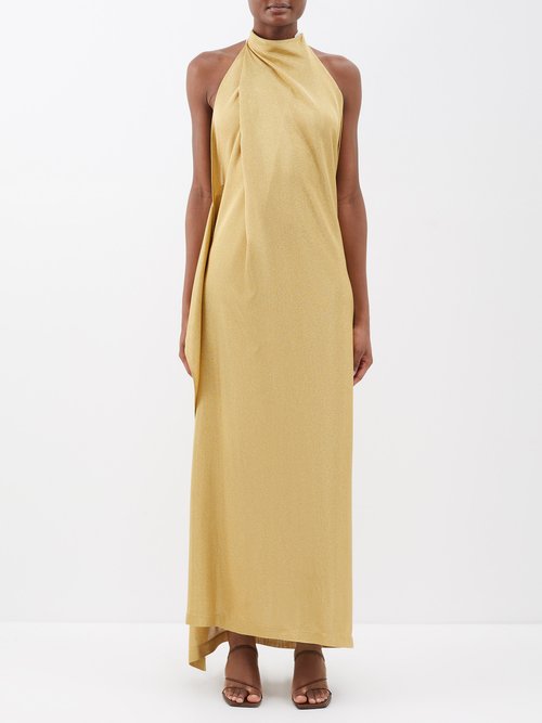 Zeus + Dione Crocus Halterneck Metallic-knit Dress In Gold
