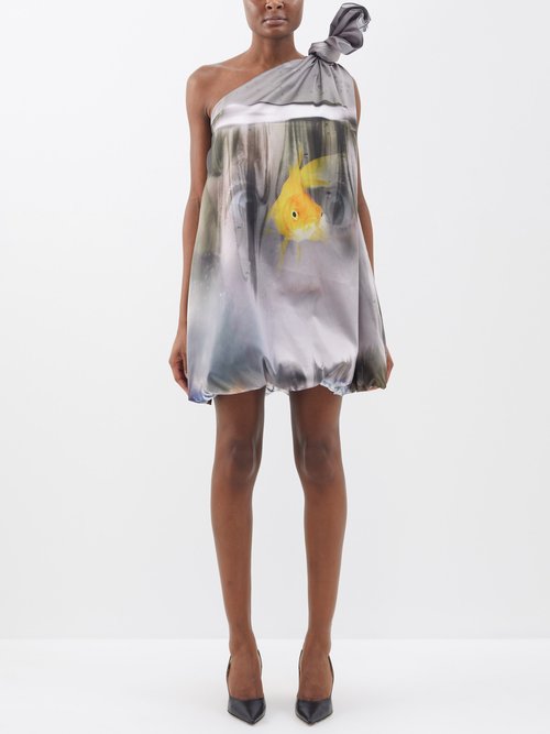 JW Anderson - Goldfish-print One-shoulder Satin Mini Dress - Womens - Grey Print