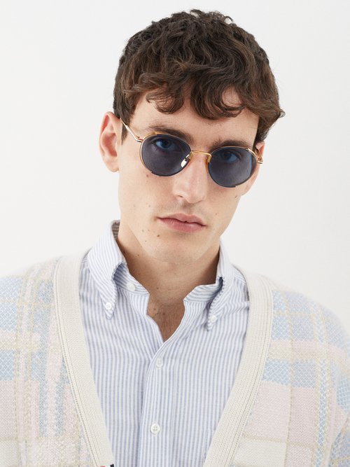 Thom Browne Round Frame Tinted Sunglasses In Navy Gold | ModeSens